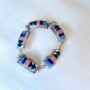 ZUNI 1980's INLAY turquoise coral link bracelet, 7.25” long signed S Edaakie.